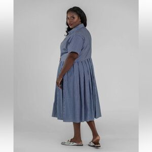 H17 Jill Mcgowan Navy White Pinstripe Pleated Midi Dress Short Sleeve Pockets